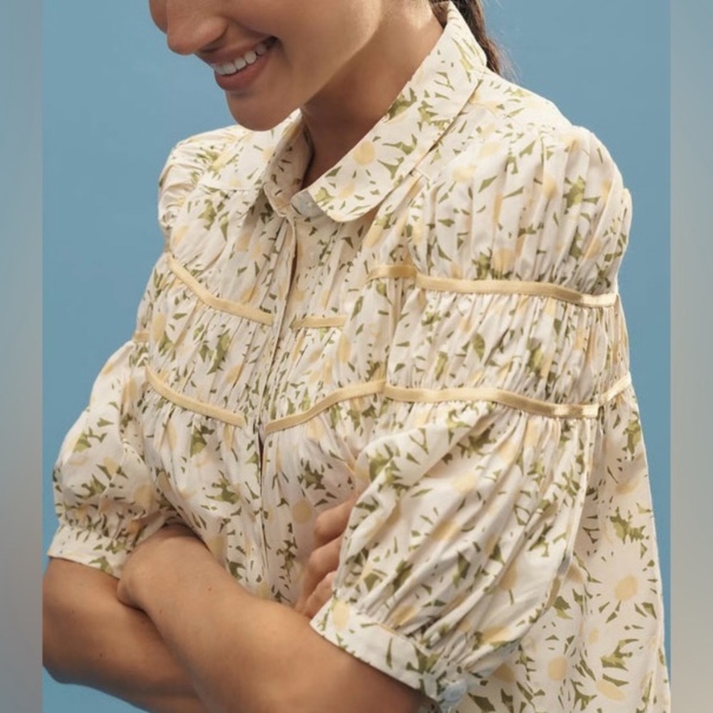 Maeve Anthropologie Leandra Top Yellow Green Floral Blouse Smocked Button Size S
